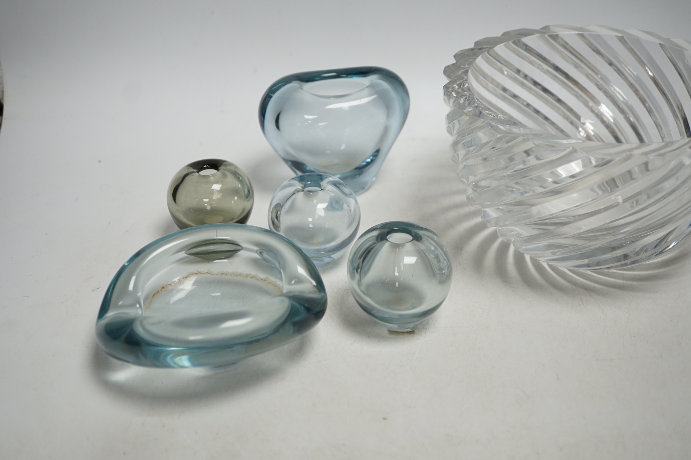 Seven glass items including two Orrefors, Sweden heavy cut glass bowls, one by Jan Johansson, and five smaller glass items by Holmgaard, etc., largest 24cm diameter
